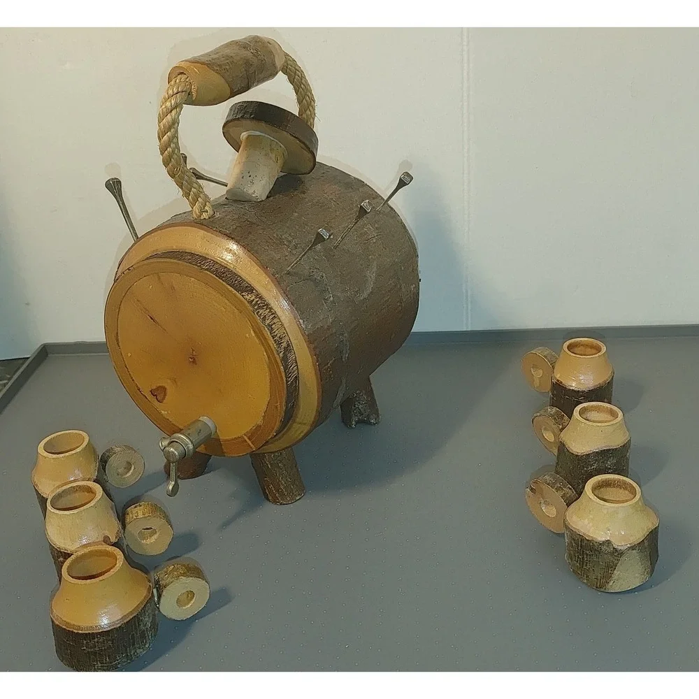 Vintage Handmade Rustic Wood Barrel Liquor Dispenser Set 7pc Brown Folk Art